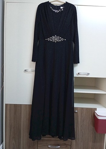 Uzun Siyah V Yaka Drapeli Abiye Elbise - Görsel 6