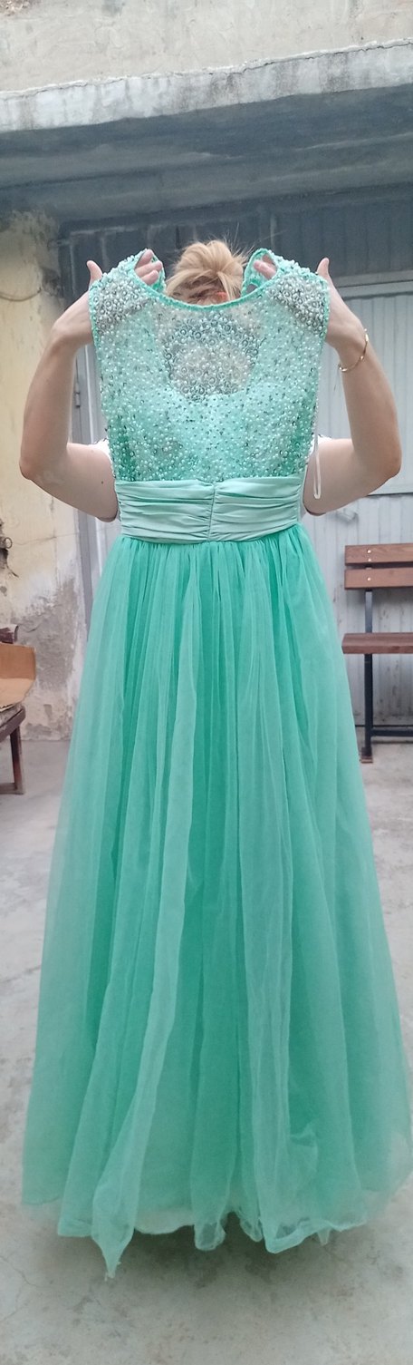 Turkuaz Straplez Uzun Abiye Elbise - Görsel 2