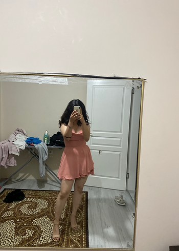 Diğer İnce Askılı Pudra Mini Elbise