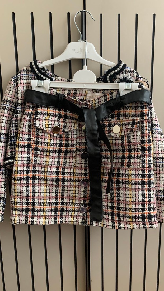 Düğmeli Uzun Kollu Kız Bolero Etek Takımı - Görsel 2