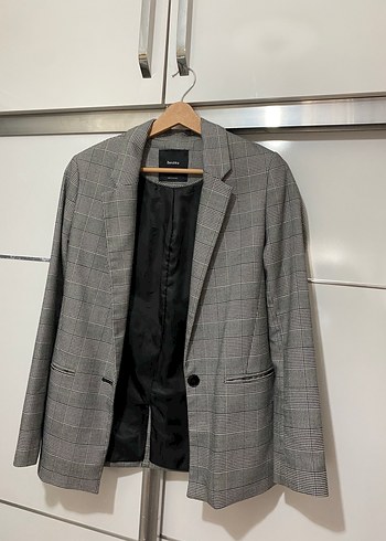 Gri Kareli Düğmeli Kadın Blazer Ceket
