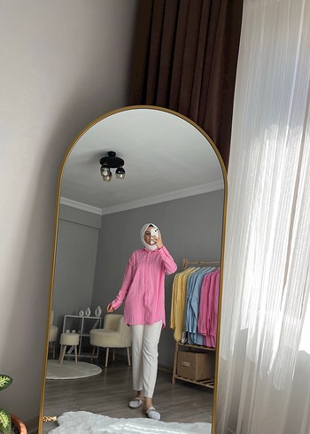 Pembe Yüksek Yakalı Bağlama Desenli Uzun Kollu Gömlek