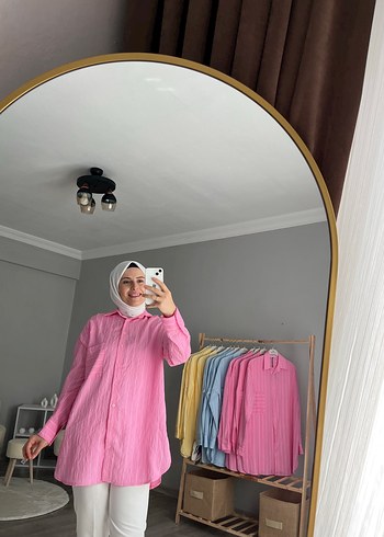 universal Beden pembe Renk Pembe Yüksek Yakalı Bağlama Desenli Uzun Kollu Gömlek