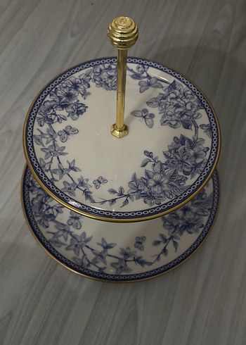 Mavi Çiçek Desenli İki Katlı Servis Tabağı - Görsel 2