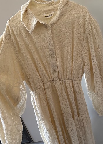 Bej Dantel Detaylı Uzun Keten Elbise - Görsel 2