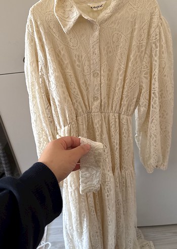 Bej Dantel Detaylı Uzun Keten Elbise - Görsel 3