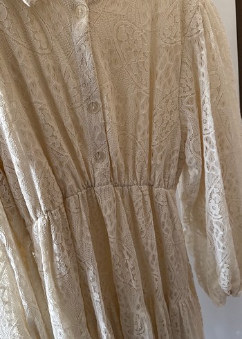 Bej Dantel Detaylı Uzun Keten Elbise - Görsel 4
