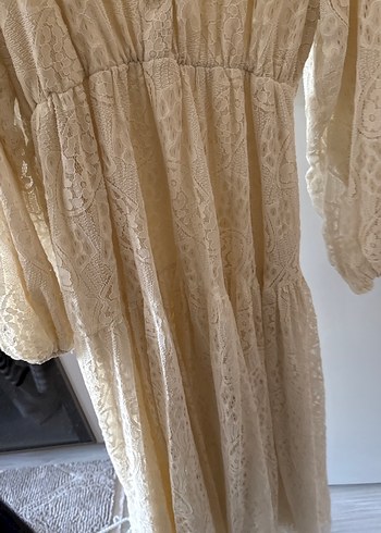 Bej Dantel Detaylı Uzun Keten Elbise - Görsel 5