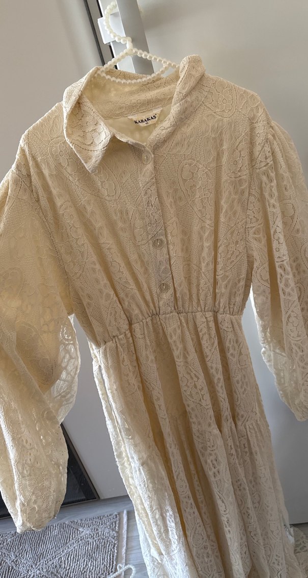 Bej Dantel Detaylı Uzun Keten Elbise - Görsel 2