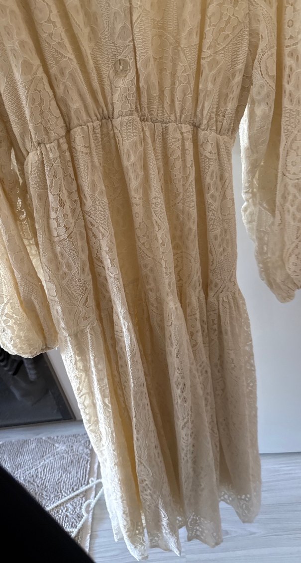 Bej Dantel Detaylı Uzun Keten Elbise - Görsel 5