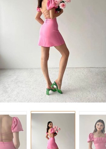 s Beden pembe Renk Pembe Mini Straplez Fırfırlı Elbise
