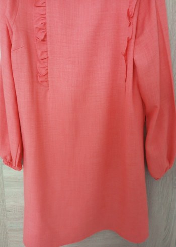 Pembe Keten Midi Tunik, Fırfırlı, Salaş Kesim