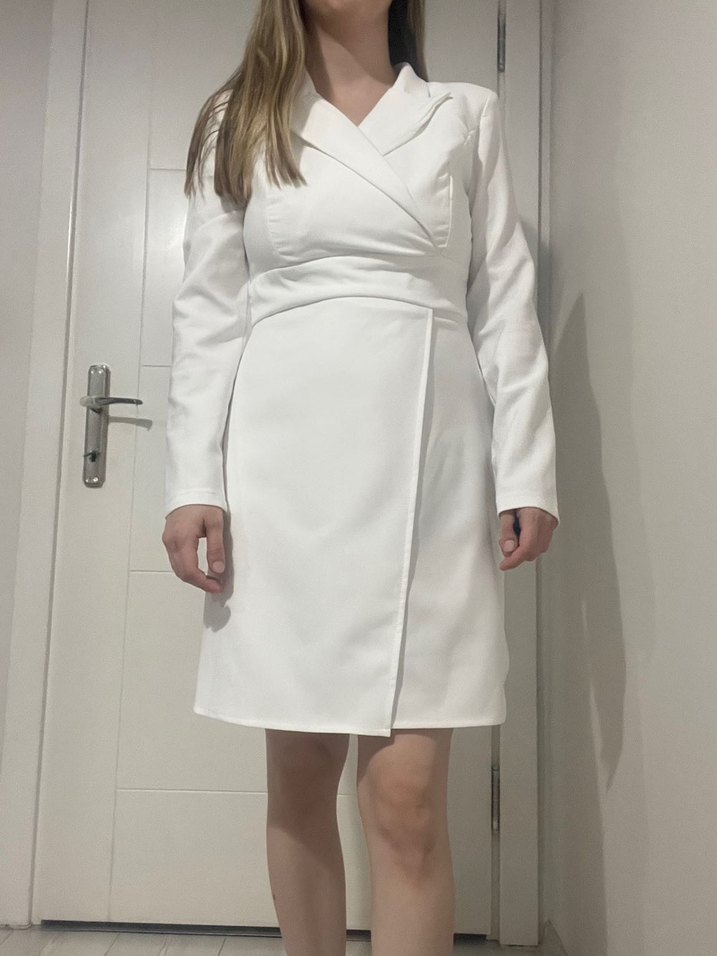 Ekru Kruvaze Mini Dokuma Elbise - Görsel 5