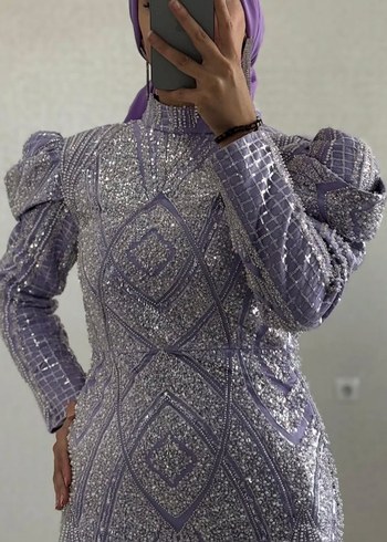 Mor Payetli Uzun Kollu Abiye Elbise - Görsel 3