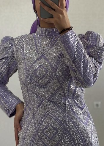 Mor Payetli Uzun Kollu Abiye Elbise - Görsel 2