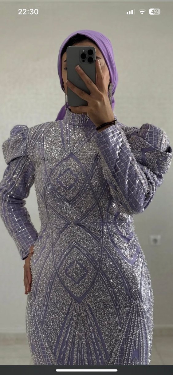 Mor Payetli Uzun Kollu Abiye Elbise - Görsel 3