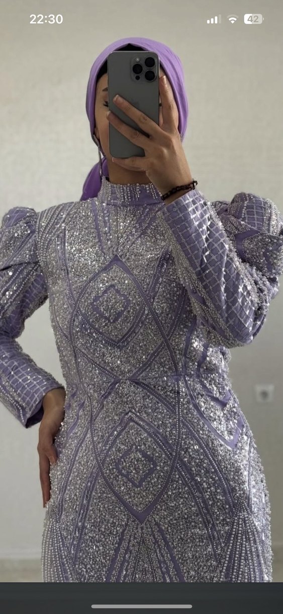 Mor Payetli Uzun Kollu Abiye Elbise - Görsel 2