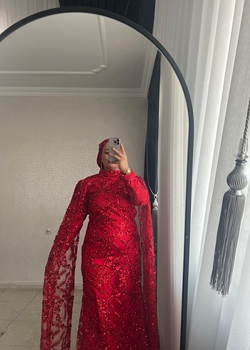 Uzun Kollu Kırmızı Drapeli Abiye Elbise - Görsel 5