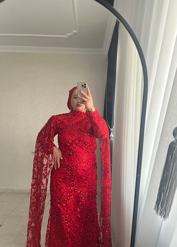 Uzun Kollu Kırmızı Drapeli Abiye Elbise - Görsel 6