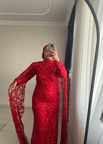 Uzun Kollu Kırmızı Drapeli Abiye Elbise - Görsel 4