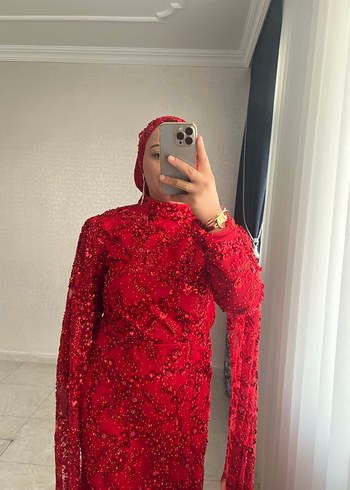 Uzun Kollu Kırmızı Drapeli Abiye Elbise - Görsel 3