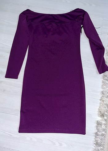 Püsküllü Straplez Mor Midi Elbise - Görsel 2