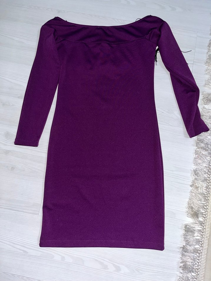 Püsküllü Straplez Mor Midi Elbise - Görsel 2