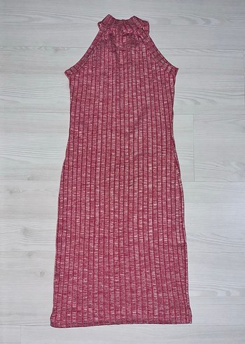 Pembe Yüksek Yakalı Triko Midi Elbise - Görsel 2