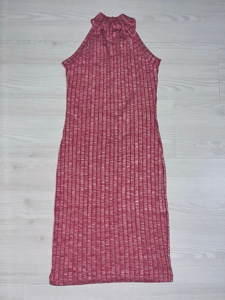 Pembe Yüksek Yakalı Triko Midi Elbise - Görsel 2