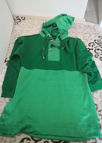 Kadın Parlak Yeşil Kapüşonlu Fermuarlı Sweatshirt
