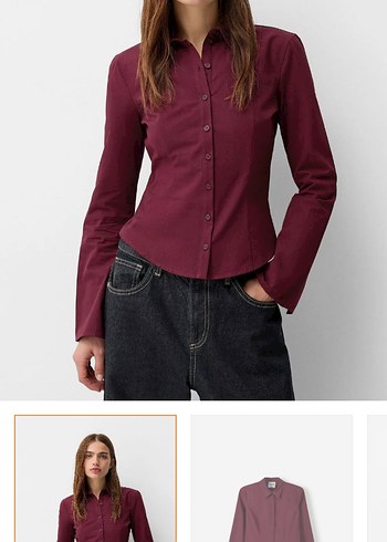 Bershaka Bordo V Yaka Uzun Kollu Denim Gömlek