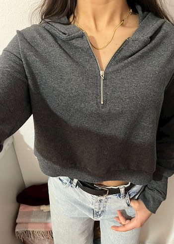 Gri V Yakalı Fermuarlı Kadın Sweatshirt - Görsel 2