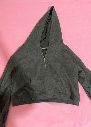 Gri V Yakalı Fermuarlı Kadın Sweatshirt - Görsel 3