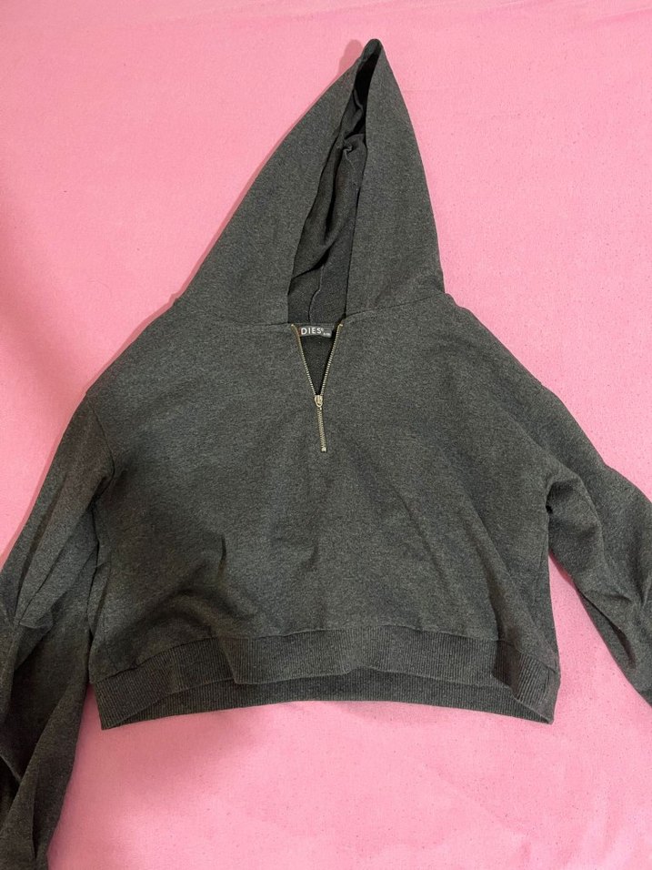 Gri V Yakalı Fermuarlı Kadın Sweatshirt - Görsel 3