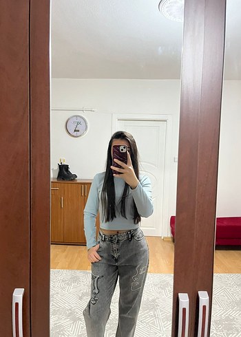 Gri Desenli Bol Kesim Kadın Mom Jean - Görsel 2