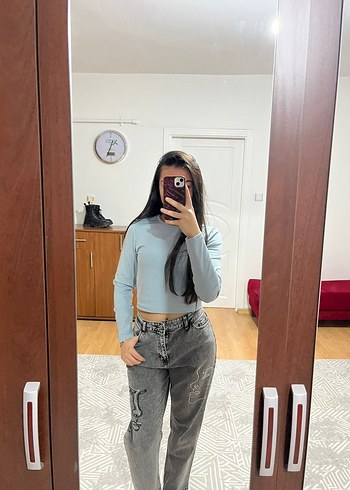 Gri Desenli Bol Kesim Kadın Mom Jean - Görsel 3