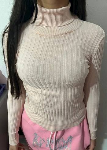 Pembe Boğazlı Fitilli Kadın Kazak - Görsel 3