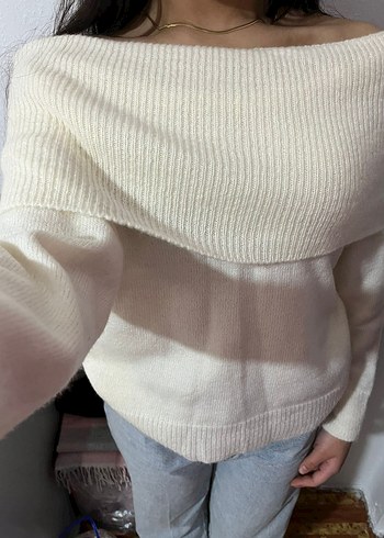 Kadın Beyaz Kayık Yaka Triko Kazak - Görsel 2