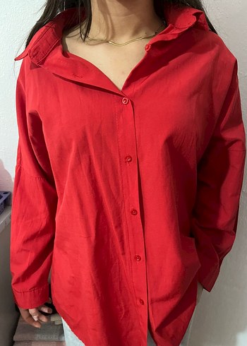 Kadın Kırmızı Düğmeli Keten Gömlek - Görsel 2
