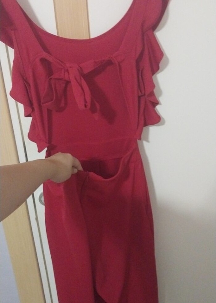 L Beden beli saranarkası açık fiyonk yapılabilir Kırmızı Tulum  - Görsel 2