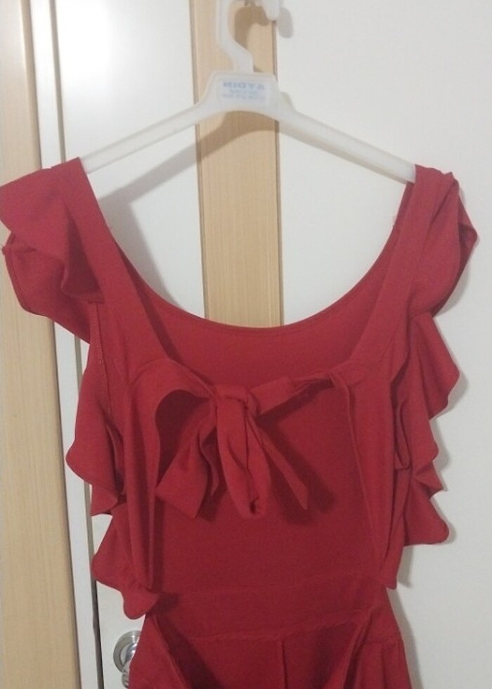 L Beden beli saranarkası açık fiyonk yapılabilir Kırmızı Tulum  - Görsel 4