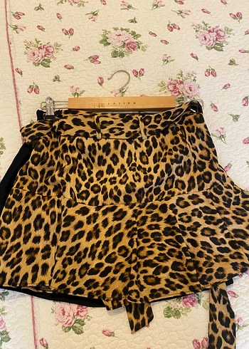 Kahverengi Leopar Desenli Mini Etek