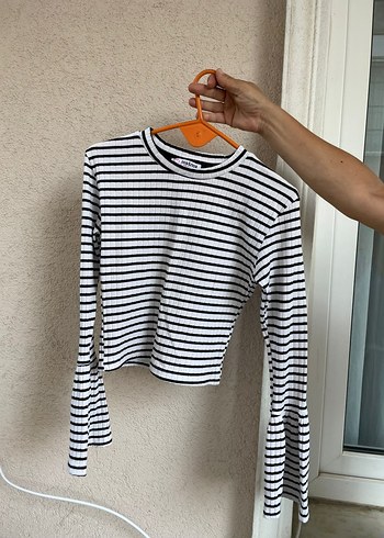 Çizgili Uzun Kollu Kadın Tişört İspanyol kol - Görsel 3