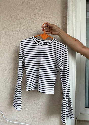 Çizgili Uzun Kollu Kadın Tişört İspanyol kol - Görsel 2