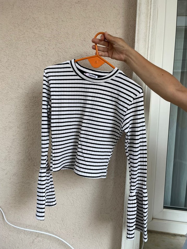 Çizgili Uzun Kollu Kadın Tişört İspanyol kol - Görsel 3
