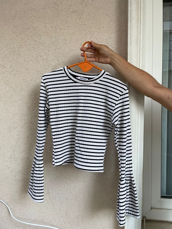 Çizgili Uzun Kollu Kadın Tişört İspanyol kol - Görsel 2