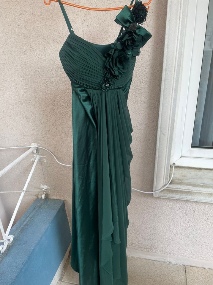 Drapeli Yeşil Uzun Abiye Elbise - Görsel 2