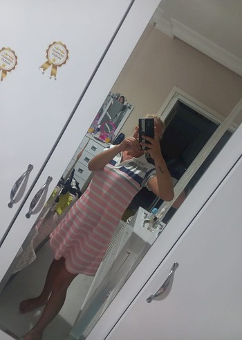 Pembe Çizgili Kısa Kollu Elbise - Görsel 5