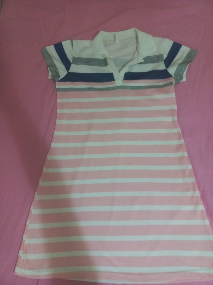 Pembe Çizgili Kısa Kollu Elbise - Görsel 4