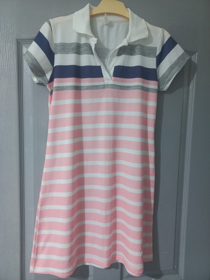 Pembe Çizgili Kısa Kollu Elbise - Görsel 2